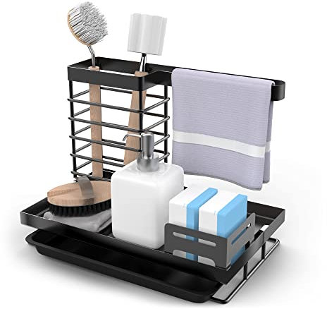 Yoassi Spülbecken Organizer, Spüle Caddy Lagerung, Metall Küchen Ordnungshelfer Schwammhalter Abtropfbehältnis mit Abnehmbarer Abtropfschale für Küche, Badezimmer, Schwarz