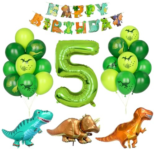 Dino Geburtstag Dekor, Kindergeburtstag Dekoration 5 Jahr Jungen Dinosaurier Luftballons Grüner Zahlenballon 5 Grün Latexballons Helium Dschungel Folienballon Happy Birthday Banner Partyzubehör