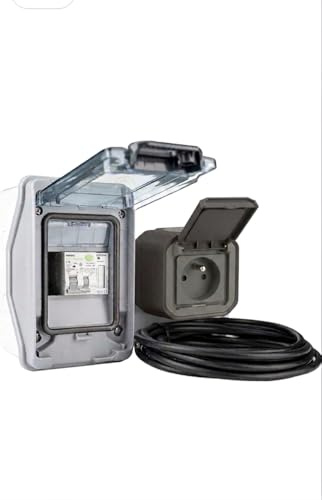 Enchufe francés para coches eléctricos con toma de carga IP54, pequeño divisor e interruptor FI/LS 20A para coches EV, kit completo con cable de 5 m 3 x 2,5 mm (con contador digital de