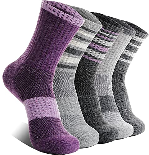 EBMORE Damen Merino Wollsocken Thermosocken Wandersocken Warmesocken Wintersocken Dick Wolle Sportsocken Arbeitssocken für Outdoor 5 Paar Geschenke(Streifen A Violett,L)