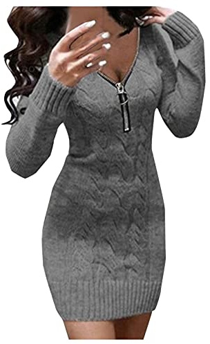 Robe Pull Femme Grande Taille,Robe Courte Sexy Femme Demi-Zip,Robe Moulante Femme Col V Tricot Couleur Uni Pulls Robes Chic Slim Fit Casual Longsleeve Glamour Automne-Hiver Tricoter Dress pour Soiree