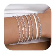 Krfy 7Pcs Armband für Damen Silber Armband Set Edelstahl Figaro Kubanische Tenniskette Büroklammer Fischgrät Perlen Schlange Stapelbare Silber Gold Armbänder Set für Damenschmuck