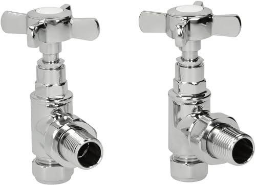 Radiant Living Angled Heated Towel Rail Radiator Valves Chrome Traditional Cross Head Pair 15mm Manual