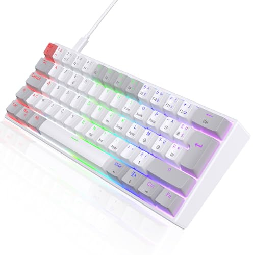 TECURS Clavier Mecanique - Clavier Gamer de Jeu Filaire Switchs Bleu, AZERTY Français, LED Rétroéclairé, Clavier Gaming Mini 60% pour PC/Windows/PS5/PS4, Blanc et Gris
