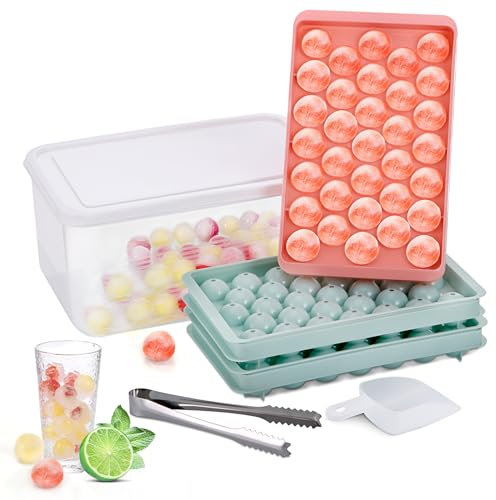 Hejo 3 Stück Runde Eiswürfelform mit Behälter, Bälle Eiswürfel Formen mit Deckel, Mini Kugel Eiswürfelform mit Schaufel & Eiszange, für Kaffee, Saft, Getränke (Blau＆Pink)