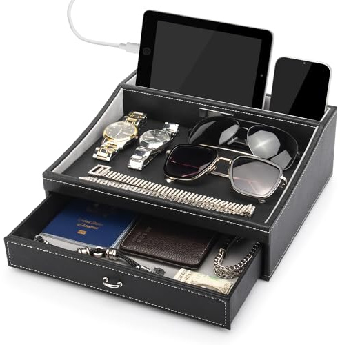 Baoyun Gifts for Dad Mens Nightstand Organizer, Jewelry Box for Men, Mens Dresser Organizer Countertop, Large Capacity Leather Valet Tray for Phones Pad Wallet Key Christmas Gifts for Men