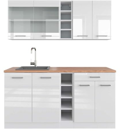 Vicco Singleküche R-Line, Weiß Hochglanz/Weiß, 160 cm | 6 Module · Höhenverstellbare Füße · AP Eiche inkl. · Robuste Fronten · Mit offenen Regalen · Frei kombinierbar