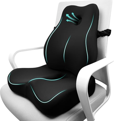 JIPORIER Seat Cushion & Lumbar Support Pillow Set,Memory Foam Office Chair Cushion for Tailbone Pain, Non-Slip Back Support for Car,Desk,Gaming Chair,Wheelchair, Breathable & Machine Washable