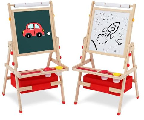 Caballete infantil con rollo de papel, accesorios de pintura y dibujo, juguete doble, tablero de dibujo