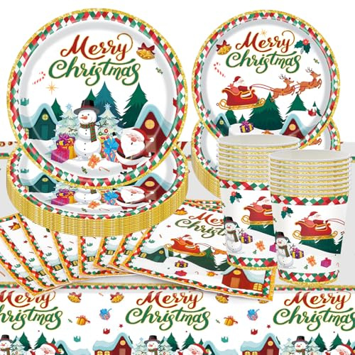 Weihnachten Geschirr Weihnachten Pappteller Partygeschirr Set Weihnachten Partygeschirr Partyzubehör Pappteller Set Weihnachten Deko Set Wiederverwendbar ​Papier Geschirr Set Für Party -16 Gäste