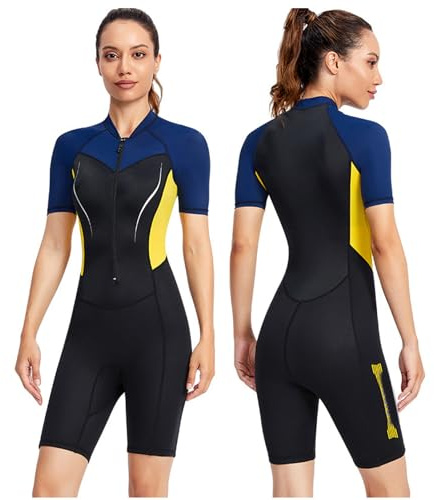 VLOBAOM Damen-Neoprenanzug Shorty, Frontreißverschluss, 1,5 Mm Neopren Und Schnell Trocknender Stoff, Tauchanzüge Zum Schnorcheln, Surfen, Schwimmen,2XL,Black