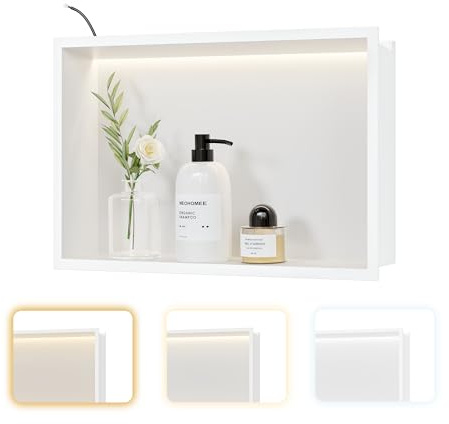 Neohomee Wandnische Dusche Edelstahl mit LED-Licht, Eingebettete Duschnische 45x30cm mit 3 Farben für Badezimmer Aufbewahrung und Dekoration, Weiß