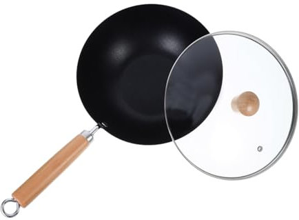 Hemobllo Kleiner Unbeschichteter Gusseisen Wok Mit Holzgriff Und Deckel Pfanne Für Induktions Und Gasherde Langlebig Für Tägliche Kochen Der Küche