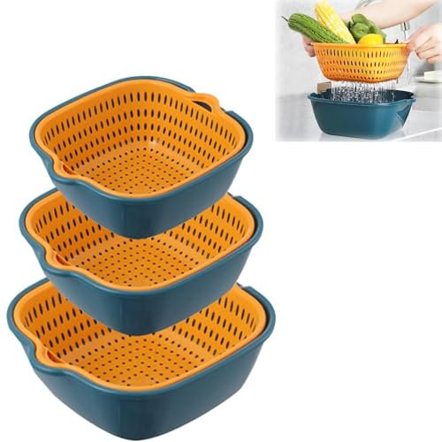 Juego de 6 coladores de cocina multifunción, 2 en 1, colador de plástico, colador de pasta, cesta de drenaje de doble capa, para frutas, verduras, arroz, color azul y amarillo