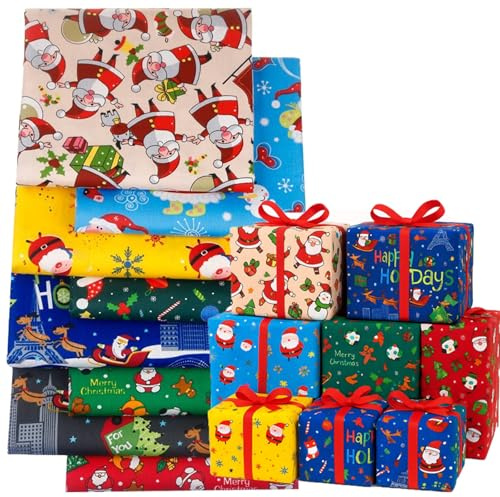 JClorix Weihnachten Geschenkstoff Set – 8 Stück 100% Baumwolle Wiederverwendbare und Waschbare Geschenktücher mit Weihnachtsmotiven – Nachhaltige und Umweltfreundliche Geschenkverpackung (25 * 25cm)