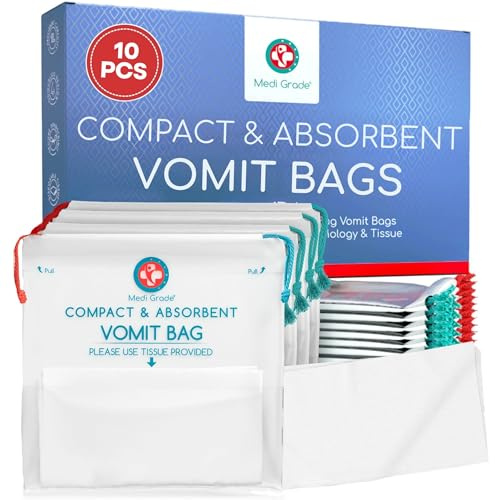 Bolsas Vomito con Almohadillas Superabsorbentes + Toallas de Limpieza [Paquete de 10]–Para Barcos o Aviones by Medi Grade-Convierten Vómito en Gel Capacidad hasta 750ml–No Gotea – Bolsas Desechables