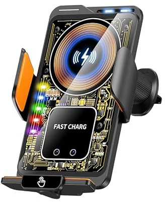 Wireless car charger mount, 15W fast charging smart sensor automatic clamping, automatic clamping function, suitable for all car models and mobile phones (F1 With light)