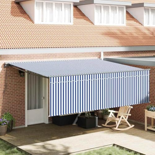 QJBSAVVA Tenda da sole motorizzata blu bianco 450 x 300 cm resistente ai raggi UV e impermeabile con design retrattile per balcone terrazza e giardino