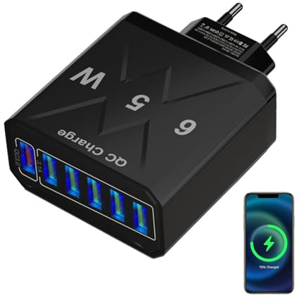 Bloque Cargador Rápido - Estación De Bloque De Carga 65W,Adaptador De Corriente Portátil 6 USB A Para Ordenador Portátil/Smartphone/Computadora/Lector Eléctrico