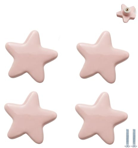 PIYYQNY Wardrobe Handles 4 Pack Children's Room Ceramic Handles Cartoon Drawer Knobs Suitable for Wardrobes Cabinets Dressing Table Drawers(Pink Star 46mm)