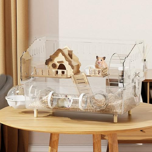 Akryl hamsterbur med tillbehör, transparent gnagarbur 45 × 30 × 33 cm med balanscykel, tunnel, trähus, vattenflaska och matskål – stor smådjursbur för dvärghamstrar och möss
