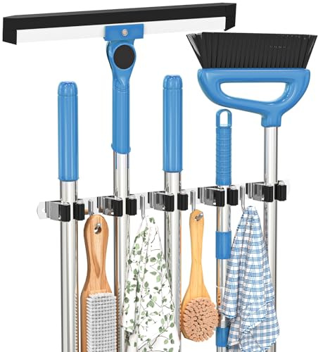 RAYNEAY Broom Holder Wall Mounted, 5 Slots 4 Hooks Mop Gripper, Heavy Duty Stainless Steel Mop Holder with Nail Installation, Self-Adhesive Broom Clip Hangers for Kitchen, Bathroom, Garage, Laundry