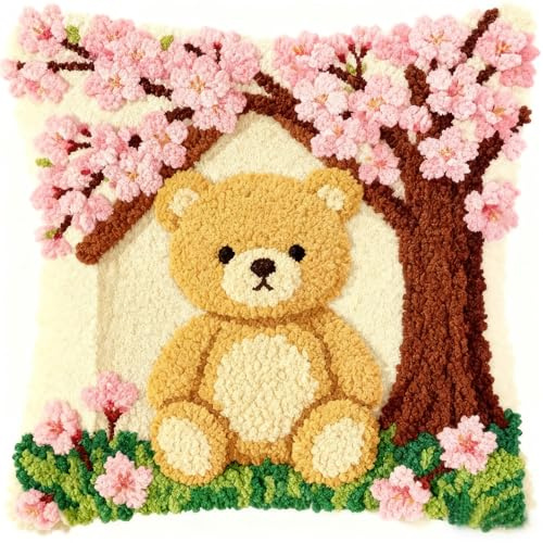 Taxpy Knüpfkissen Zum Selber Knüpfen,Kleiner Bär Unter Dem Kirschbaum 43X43Cm Diy Kissenbezug Knüpfen Schwarz Weiß Kissen Hülle Sofakissenbezug, Knüpfkissen Set Für Kinder Erwachsene