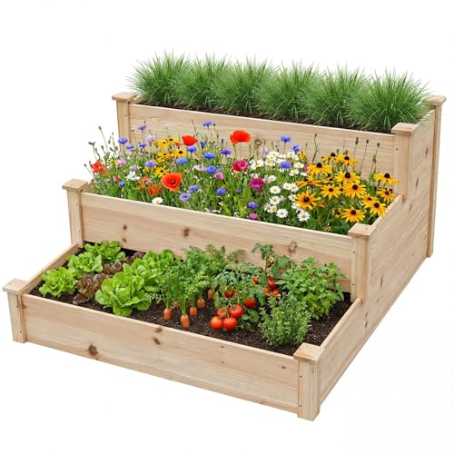 Greenera 3 Tier Raised Garden Bed, Wooden Elevated Planter Box with Open-Ended Base for Vegetables, Flowers, Herbs for Outdoor Garden Backyard Patio