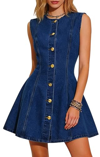 Nitzana Women Denim Dress Jean Sleeveless Button Down A Line Mini Tank Casual Summer Babydoll Dresses with Pocket 2026 Trendy Western Outfits Dark Blue X-Small