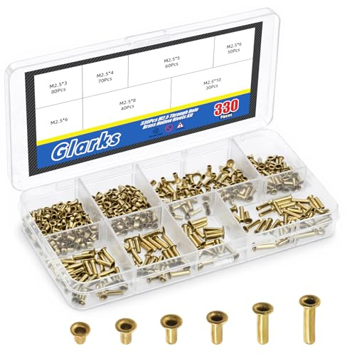 Glarks 330pcs M2.5 x 3/4/5/6/8/10mm Durch Loch Kupfer Niet Kit, Heavy Duty Hohlniete, Kupfer Luft Auge Niete, Messing Eyelets Niete, Hohle Grommets Niete für DIY-Handwerk, Leder, Kleidung