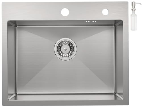 CECIPA Spülbecken 55x45cm Eckig, Spüle mit Siphon, Küchenspüle 1 Becken | Waschbecken Küche mit 2 HahnLöcher, Einbauspüle, Gebürsteter Edelstahl