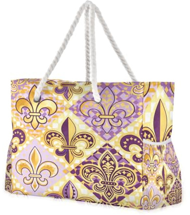 Loancwa Sac fourre-tout de plage, motif fleur de lys violet et doré, grande capacité avec poignées en corde, 52,1 x 18,3 x 38,1 cm, polyester imperméable