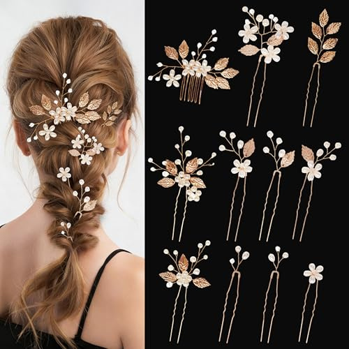 PYSEOSISE Accessoires de Cheveux de Mariage Dorés, 11 Pièces Bijoux de Cheveux de Mariée en Perles, Ornement de Tête à Fleurs et Perles Élégant avec Peigne et Épingles à Cheveux en U pour Femme