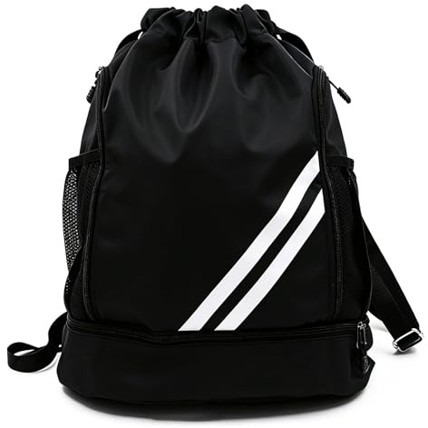 Mochila de Cuerdas con Compartimento para Zapatos, Bolsa de Gimnasio Unisex de Gran Capacidad con Compartimento para Ropa Húmeda, para Piscina, Fitness, Fútbol y Colegio, Negra con 2 Rayas