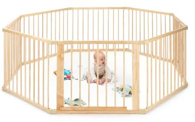 dibea Laufgitter für Baby & Kleinkind, nachhaltiger Laufstall aus hellem Fichtenholz mit Tür, 8 Elemente je 90x68 cm, solides Absperrgitter schützt beim Krabbeln & Gehversuchen, sicheres Schutzgitter