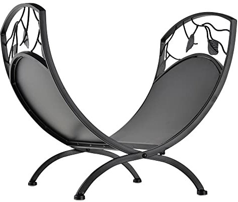 Outsunny Metal Arced Firewood Log Holder Indoor Outdoor Folding Firewood Rack Fireplace Wood Storage Shelf w/Leaf Pattern Design, Black, 43.5W x 36.5D x 41H cm