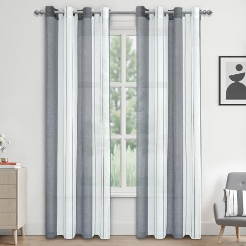 MRTREES Voile Gardinen Kurz Vorhang Halbtransparent Streifen Stores Schals mit Ösenschal Moderner Wohnstil Weiß+Grau 215×140cm (H×B) für Dekoration Kinderzimmer Wohnzimmer Schlafzimmer 2er-Set
