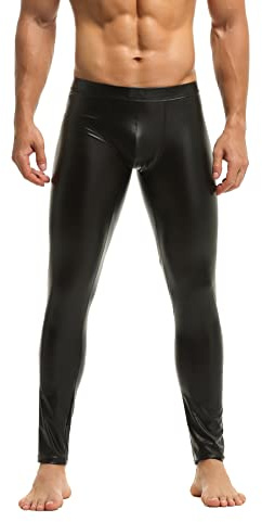 Bodywear4you Leggings da uomo in pelle sintetica nero opaco – Meggings aderenti in effetto pelle – Pantaloni elastici effetto bagnato per club, feste e moda, Nero , S