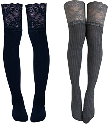 Dawwoti 2 Pairs Over Knee High Lace Socks Ladies Warm Ribbed Piles Socks Thigh High Socks for Club