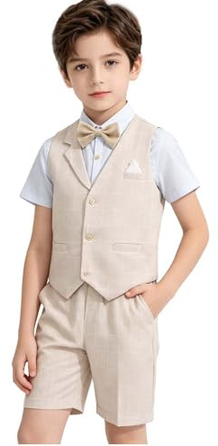LOLANTA 4PCS Page Boy Suits Wedding, Kids Summer Short Suit Set, Ceremony Christening Partywear, Waistcoat Shorts Shirt with Bowtie for 2-12 Years