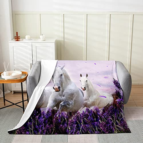 Weißes Pferd Überwurfdecke für Kinder Jungen Mädchen Teenager Lila Lavendel Fleece Decke Schlafsofa Dekor galoppierendes Pferd Fuzzy Decke leicht warm Bauernhaus Tier Bettdecke weich, 229 x 229 cm