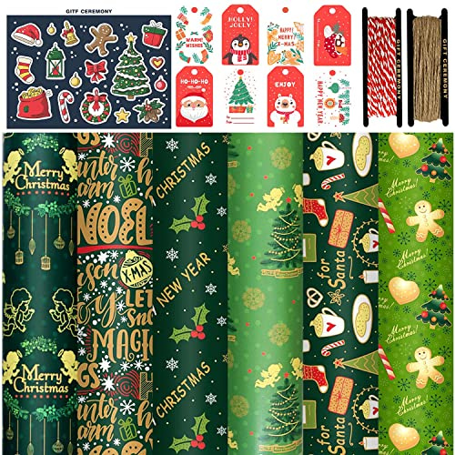 FullJoyHut 6 Carta da Regalo Natalizio Verde 70X50CM, tra cui 8 Etichette Regalo Natale Carta Kraft, 12 Adesivi Natalizia, 2 Rotolo Corde Luta Lino Cotone Rosso per Confezione Regalo Natale
