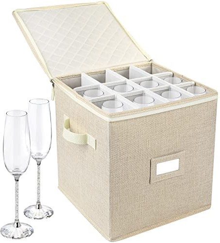 LotFancy Contenitore per flauto da champagne, guscio duro, scatola impilabile con divisori e maniglie, bicchiere da vino, vetro di cristallo, custodia per bicchieri per lo spostamento, beige