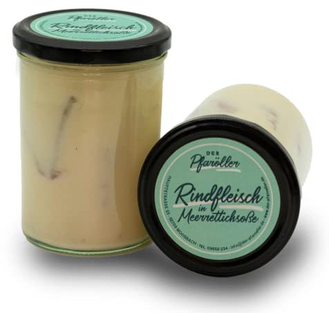 DER PFARÖLLER Rindfleisch in Meerrettichsoße - 2 Gläser mit jeweils 400 gr. – Hausgemachtes Fleischgericht im Glas – Fertiggericht für Topf & Mikrowelle, nachhaltig & köstlich (1er Set)