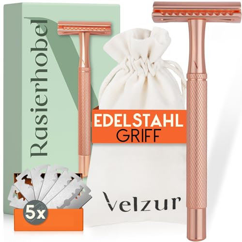 VELZUR® Rasierhobel inkl. 5 Klingen & Reisebeutel - geschütztes Griff-Design aus Edelstahl extra lang & rostfrei - Rasierhobel Set Damen & Herren - plastikfrei - Premium Safety Razor in Rosegold