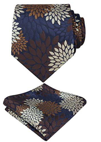 Alizeal Herren-Krawatte mit Blumenmuster und Einstecktuch für Party, Abschlussball, Krawatten-Set, 141 - Braun + Kaffee + Beige, Einheitsgröße
