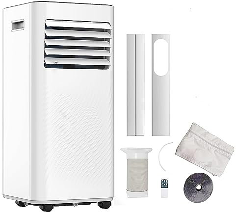 AuraHome Portable Air Conditioner 9000 BTU 4-in-1 Air Conditioner, Dehumidifier, Cooling Fan with 2 Fan Speeds, Digital Display & Remote Control, 24 Hour Timer for Rooms >215ft Window Vent Hose Kit