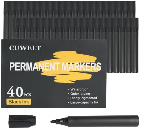 CUWELT 40 Pack Black Permanent Markers Pens, 3mm Bullet Tip Marker Pens
