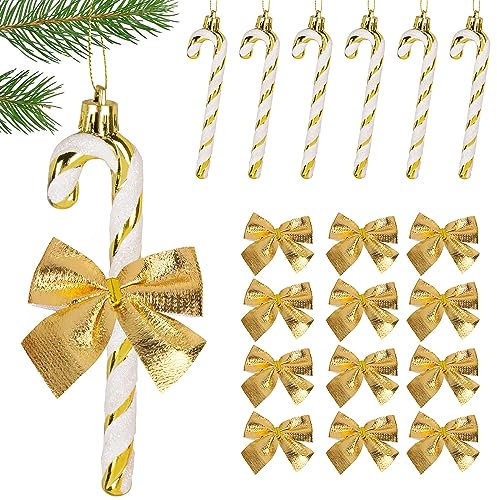 Set 18 Pz Bastoncini Zucchero Natale Fiocchi Decorativi Ciondoli Pendenti Albero di Natale Decorazioni Natalizie da Appendere Ghirlanda Accessori Natalizi Sacchetti Regalo Casa (Oro)