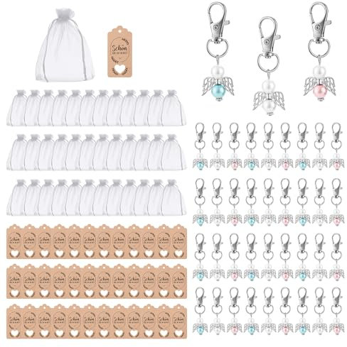 Engelanhänger - 36 Stück Kleine Schutzengel + Organzatasche + Gelbe Lederkartei - Perfekt für Hochzeitsgeschenke, Geburtstage oder Gastgeschenke